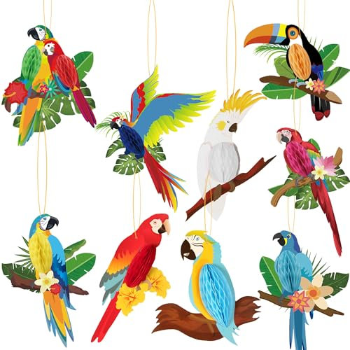 LMSHOWOWO 9 Pièces Oiseaux Tropicaux Deco, Oiseaux Tropicaux Nid d'abeille, Perroquet Decoration Suspendu, Suspendu Papier Perroquet pour Hawaiian Summer Beach Luau Tropical Jungle Party Décorations