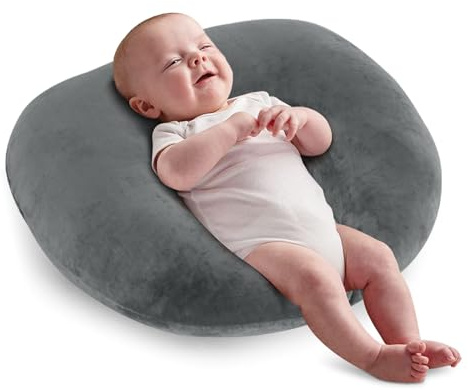JOVELL Coussin d'allaitement, Coussin de Soutien Ergonomique Multifonction pour Mères, Coussin d'allaitement Extra-Large avec Poignée Portable & Housse Amovible (Velours Doux, Gris)