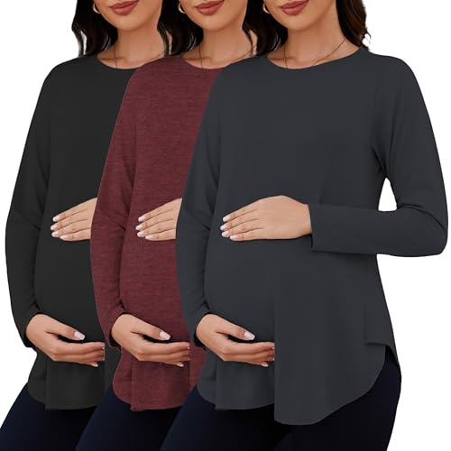 Liu & Qu 3 Packs Womens Maternity Shirts Split Side Long Sleeve Pregnancy Tops Loose Fit Casual Maternity Clothes, Heather Wine+Grey+Black, L