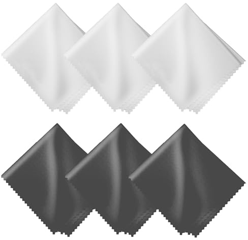 Microfiber Cleaning Cloths 6 Pack – 6x7 Inch Lint‑Free Lens & Screen Cleaner – Eyeglass Camera Phone Tablet Cloth – Reusable Scratch‑Free Streak‑Free – 3 Dark Grey & 3 White Individually Wrapped