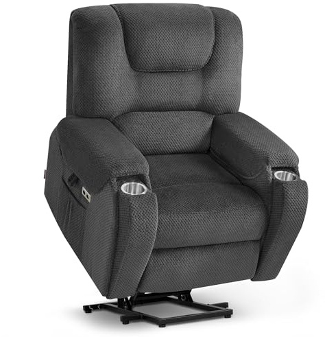 MCombo M Poltrona TV con funzione alzapersona elettrica, con massaggio e riscaldamento, poltrona relax con funzione reclinabile fino a 145°, portabevande nascosti 7252 (Tessuto, Grigio scuro)