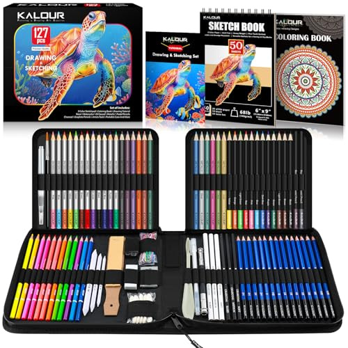 KALOUR PDAS 127 Set de Dibujo y Boceto, Suministros de Arte Profesional con Cuaderno de Bocetos de 3 Colores y Libro para Colorear, Lápices Neón, de Color, Acuarelables, Metálicos, de Grafito y Carbón