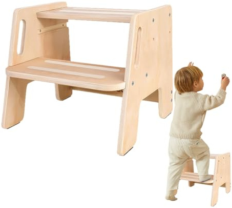 Stegpall för barn, 2 steg, halkfri barnpall med handtag, stabil stegpall för barn av trä, lastkapacitet upp till 200 kg, för badrum, kök, barnrum, sovrum