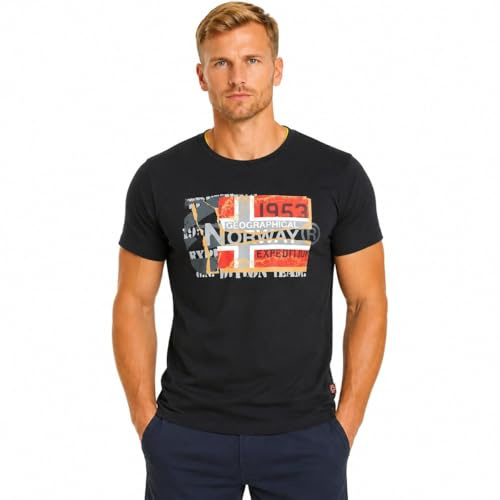 Geographical Norway Jaytorn Men Camiseta Hombre Manga Corta Algodón Cuello Redondo Estampado Frontal Bandera Badge Manga Estilo Casual Ligero Cómodo Verano Ropa Hombre Moderna
