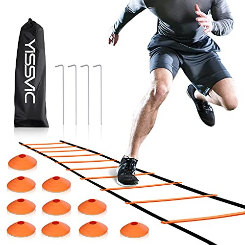 YISSVIC Agility Ladder and Cones 20 Feet 12 Adjustable Rungs Fitness Speed Training Equipment,1 Carry Bags, 10 Cones, 4 Stakes, Basketball, Soccer (20 feet Orange)
