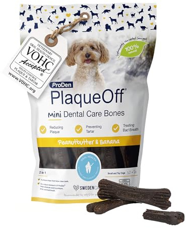 ProDen PlaqueOff 20 Mini Huesos Dentales Sabor Crema Cacahuete y Plátano para Perros Pequeños – Limpiador Sarro Dental, Placa y Mal Aliento – Huesos para Perros Pequeños Snacks para Perros
