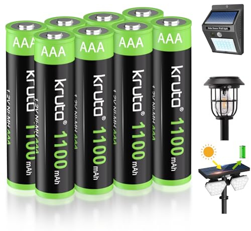 Kruta Solar Lights Batteries AAA 1100mah High Capacity 1.2V Ni-MH Rechargeable AAA Solar Battery for Outdoor Solar Lights, Battery String Lights, TV Remotes, Wireless Mouses (AAA1100 Pack 8)