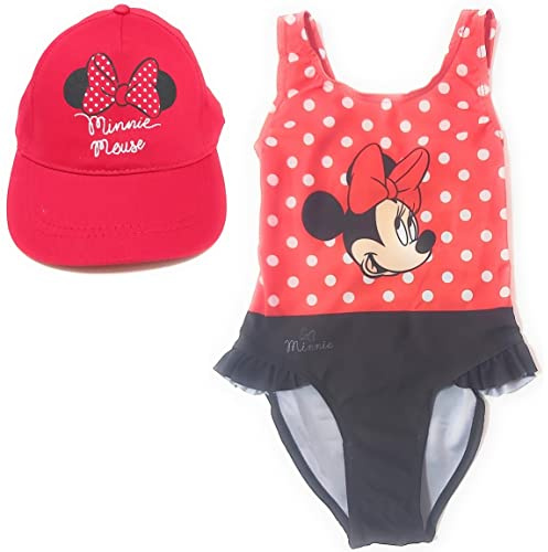 Bañador Minnie Mouse Disney para Playa o Piscina + Gorra Disney para Niñas | Pack de Bañador con Volante y Gorra Ajustable (FR/ES, Edad, 6 años, 7 años, Regular, Rojo)