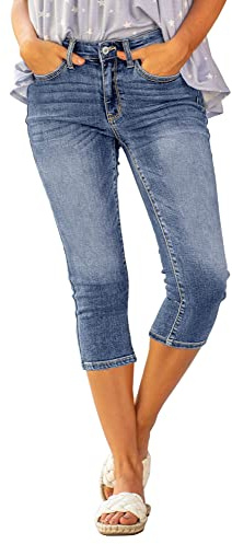 luvamia Womens Capri Pants for Summer High Waisted Jeggings for Women Stretch Skinny Jeans Denim Pants Classic Blue Size Large Fits Size 12 to Size 14