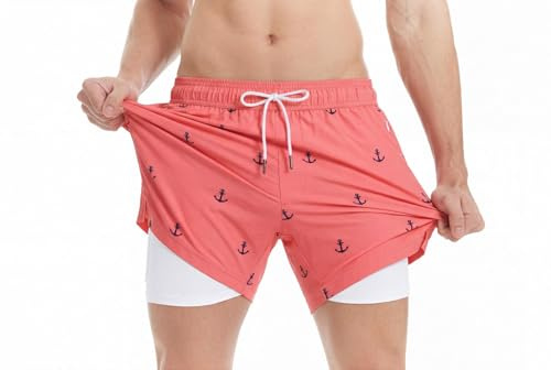 maamgic 5.5 2 en 1 Bañador con Forro de Compresión con Cremallera Hombre Shorts de Baño Shorts de Playa Traje de Baño para Natación Secado Rápido para Vacaciones,01Ancla Rosa,S