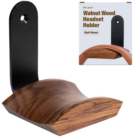 Mt.Jun Walnut Wood Headphone Wall Mount Holder, Curved Headset Hanger with Black Metal Bracket, Adhesive or Screw Mount, Holds 10 lbs