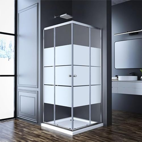 Eckeinstieg Duschkabine 75 x 90 cm Schiebetür Streifen Duschabtrennung, Goezes Duschschiebetür Gestreift Glas Dusche 90x75cm Duschkabine aus 6mm ESG Sicherheitsglas, Duschwand Höhe: 185cm