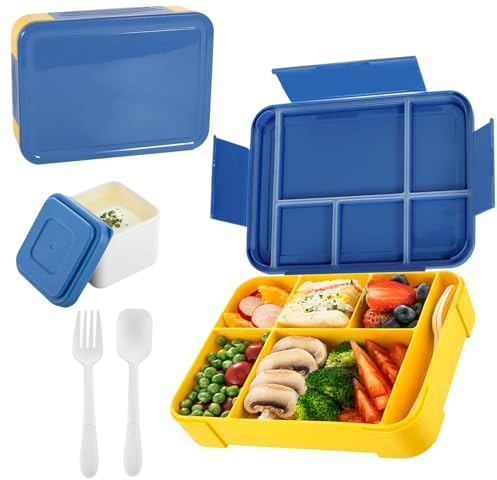 MQVXT Lunchbox für Kinder, 1330ML Brotdose mit 5 Fächern, BPA Frei, Mikrowelle & Spülmaschinenfest, Bento Box für Erwachsene oder Kinder (Blau)