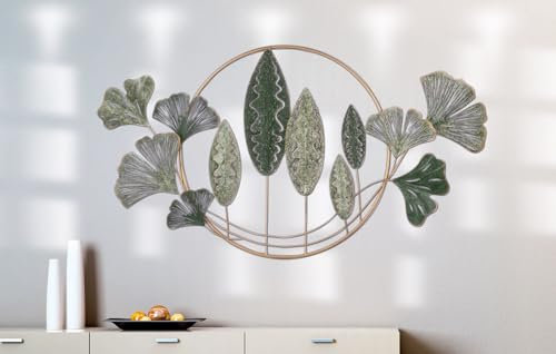 GILDE Wandrelief Ginkgokranz Metall grün gewischt glänzend Ginkgomotiv 60x120x5cm Wanddeko Kunst Dekoration Wohnzimmer