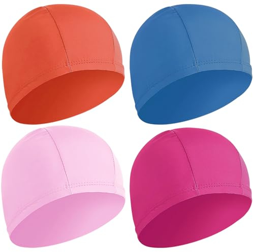 4 pcs Elastic Swim Caps for Kids Fabric Durable Non-Waterproof Cloth Swimming Pool Cap Elastic Bathing Cap（Pink&Rose red& Royal Blue&Orange）