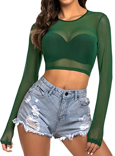 Avidlove Mujeres Slim Fit Crop Tops Camiseta de Manga Larga Top básico Camisas Casuales Y2K Blusa Ajustada Ropa de Moda Verano Fiesta Club Reino Unido Verde L
