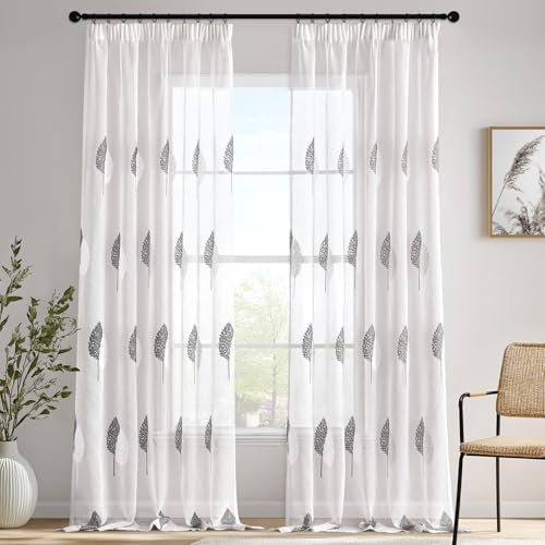 MIULEE Gardinen Vorhänge mit Kräuselband, Vorhang Wohnzimmer Grau und Weiß Blätter Muster, Schöne Stickerei Gardine 2er Set Modern Schlafzimmer Fenster H 225 X B 140 cm