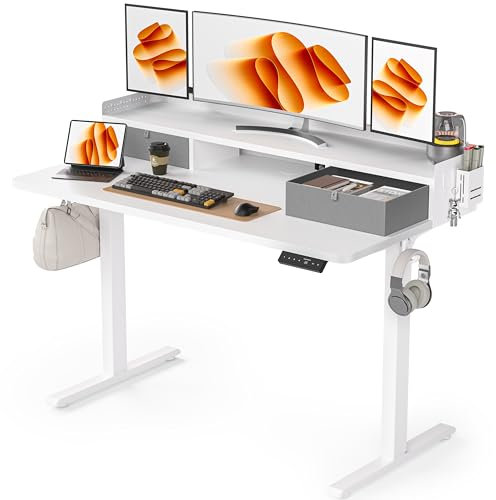 WALKINGDESK Höhenverstellbarer Schreibtisch Elektrisch mit 2 Schubladen, 120x60 cm Stehpult mit Stiftehalter und Kopfhörerhalter, Tisch für Home Office Büro, DIY Pegboard, 4 Haken, Weiß
