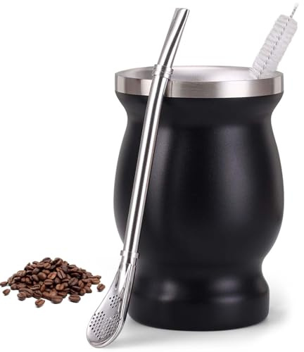 Edelstahl Mate Tee Becher Set mit Löffel und Reinigungsbürste, Dishwasher Safe und Robust für Küche, Restaurant, Café (Schwarz)