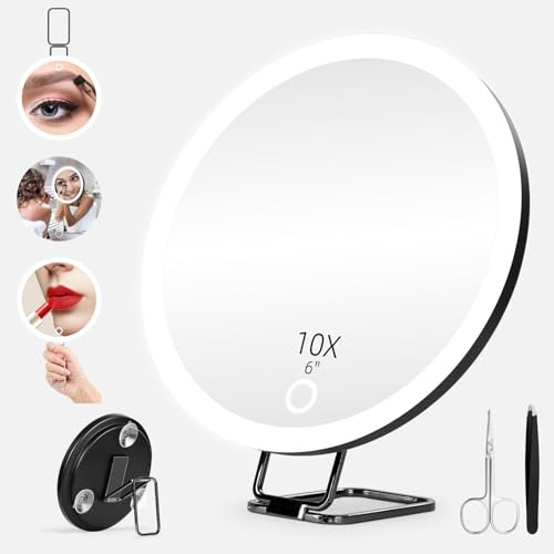 10X Magnifying Mirror with Light, 6 Large Rechargeable 3 Colors Dimming Lighted Magnifying Mirror with 3 Suction Cups and 360° Stand, Travel Tabletop Magnified Makeup Mirror with Tweezers & Scissors