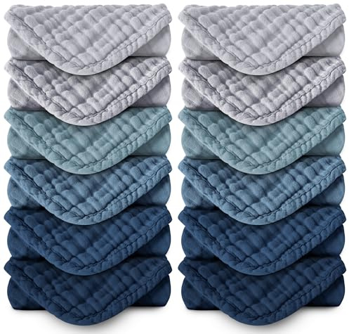 MOON PARK 12-pack muslin bomull baby tvättlappar – 30 cm x 30 cm, skiffer, grå och marinblå serie