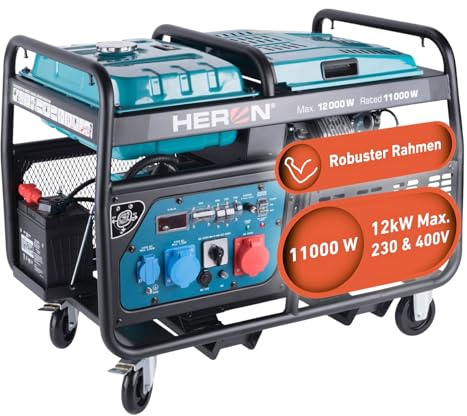 Heron Stromgenerator Benzin 23,5PS I 12 kW / 15kVa (400V) & 12kW (230V) I Stromerzeuger mit 30L Tank, Fahrgestell & Elektrostarter I mobiles Stromaggregat mit AVR-System