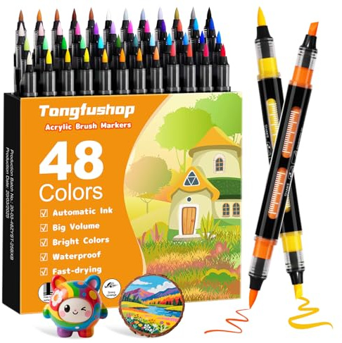 Tongfushop 48 Colori Pennarelli Acrilici Doppia Punta, Pennarelli Indelebili Acrilici, Marcatori Acrylic Marker Ad Acqua per Dipingere Sassi, Tessuti, Metallo, Vetro, Legno, Tela, Ceramica, Plastica