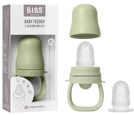 BIBS Baby Feeder with 2 Silicone Nipples, Compatible with Freezer Tray, Easy-Grip, BPA-Free - Ideal for Teething & Self-Feeding, 4+ Months - Sage