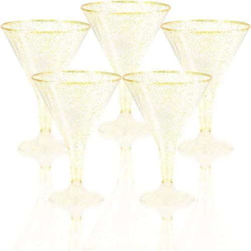 Dorclife 20PCS Copas de Martini 180ml Vaso de Martini Plástico Vaso de Cóctel Margarita Reutilizable Copas Transparente Reutilizable per Feste Compleanni Matrimoni (oro)