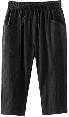 2025 - Pantalon pour femme avec poche large sur les jambes, taille élastique, pantalon trois-quarts pour femme à carreaux 38 40, Noir , XXL
