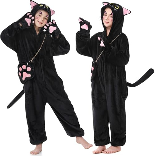 LumenVela Deguisement Chat Enfant, Costume Chat Enfant avec Sac Bandoulière, Autocollants, Pyjama une Pièce Deguisement Halloween Fille pour Halloween, Carnaval, Cosplay, Fête (L)