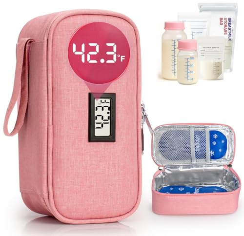DawnBox Breast Milk Cooler Travel Bag with Real-Time Temp Display - Holds 20oz Breastmilk Storage Bag & Cooling, Portable Breast Milk Cooler Bags with 2 Ice Packs for Breastmilk Storage (Light Pink)