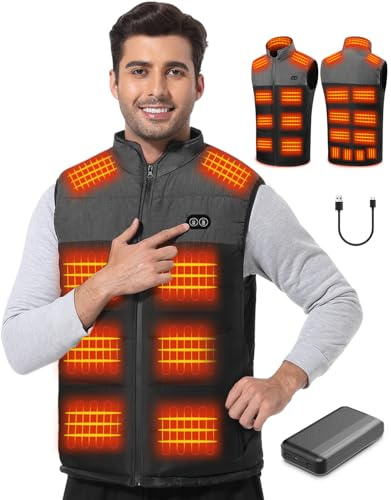 Chaleco Calefactable Hombre, 20000mAh Chaleco Calefactable con Batería Externa y 21 Zonas de Calor, Chaqueta Calefactable Hombre con 3 Niveles Ajustables para Esquí, Senderismo y Uso al Aire Libre (L)