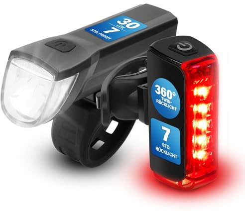 FISCHER Set di luci doppie per bicicletta, illuminazione a 360°, lampada a LED per bicicletta, 30 Lux, batteria ricaricabile con USB C, montaggio anteriore e posteriore senza attrezzi