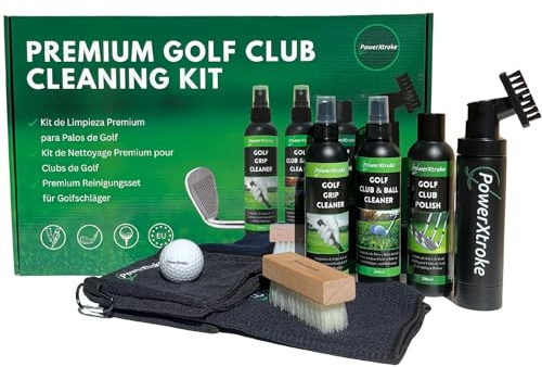POWERXTROKE Kit de Limpieza Premium para Palos de Golf – Limpia Grips, Palos y Pelotas | 3 Sprays Profesionales + Cepillo + Toallas de Microfibra Golfista y el Mejor Accesorio.