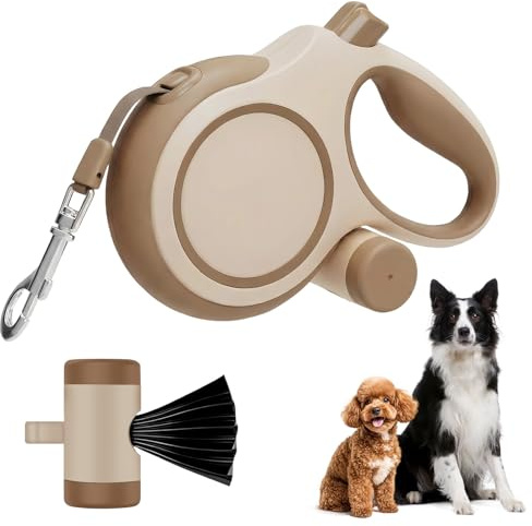 Ecofocet Correa Perro Extensible 8 Metros, 360°Antienredos, Mango Ergonómico, Correa Retráctil con Bolsas Higiénicas y Portabolsa, para Perros Pequeños, Medianos y Grandes hasta 50Kg (Marrón, 8 m)