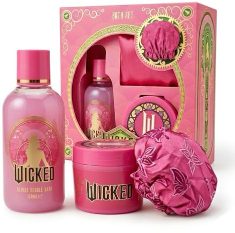 Wicked Glinda - Confezione regalo da bagno in schiuma rosa, burro per il corpo e cuffia da doccia, prodotto con licenza ufficiale Wicked