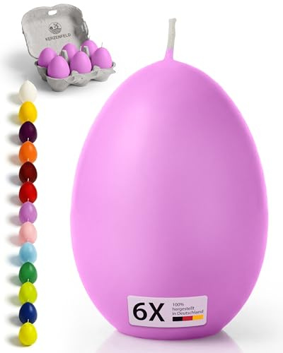 Kerzenfeld® Candele a Uovo Viola 6 Pezzi, 60 x 45mm Decorazione Primaverile Premium e Regalo di Pasqua, Fatte a Mano con Oltre 7 Ore di Durata, Prodotto in Germania - Non Profumato e Certificato RAL