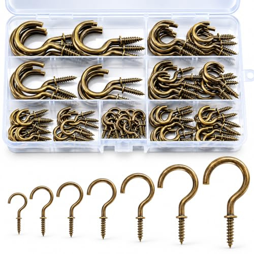 KINGLAKE 115 Pcs Bronze Screw in Hooks (7 Sizes), Mug Cup Hooks Wall Hook | Screw Ceiling Hook for Wood, Under Cupboard, Cabinet Shelf, Hanging Plant and Kitchen Utensils