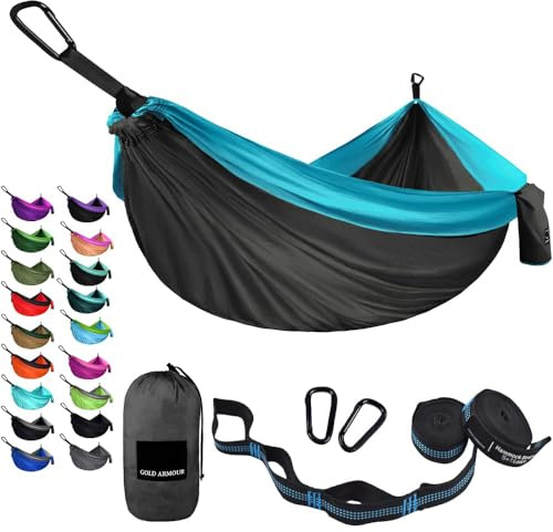 Gold Armour Camping Hammock - USA Brand Single Parachute Hammock (2 Tree Straps 10 Loops/20 ft Included) Lightweight Nylon Portable Adult Kids (Gray and Sky Blue)