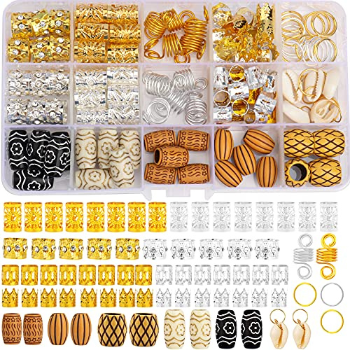 Jelyne 133 PCS Hair Jewelry for Braids Gold Hair Cuffs for Locs Hair Coils Rings Dreadlock Accessories Shells Imitation Wood-Like Hair Tube Beads for Women Hair Decoration