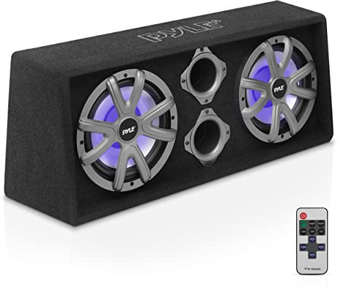 Pyle 10 Dual Subwoofer Box System - Slim Mount Truck & Car Audio Subwoofer Box - Rear Vented Design w/Built-in Illuminating LED Lights, 2x500 Watts