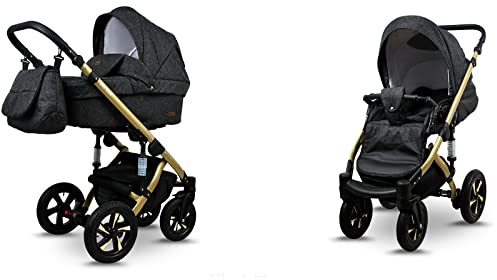 BabyLux® Sky Lark 2-in-1 Baby Kinderwagen Tief und Kinderwagen mit Zubehör Verstellbar und faltbar Aluminiumkonstruktion Wasserdicht Nicht abnehmbare Räder Black Flex Gold Frame