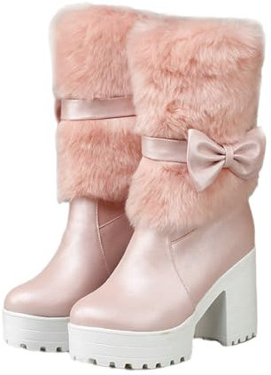 Stivali Invernali Con Risvolto In Peluche Stivaletti Da Donna Con Tacco Largo Stivali Da Neve Foderati In Peluche Stivali Corti Slip-on Con Plateau Ankle Boots In Pelle PU Con Fiocchi ( Color : Pink ,