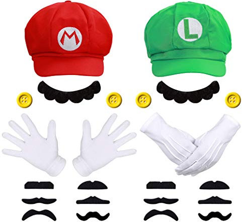 Humairc Super Bros Hüte Accessoires Set Mary Luigy Mützen Schnurrbärte Hosenträger Handschuhe Knöpfe Halloween Cosplay Kostüm, Rot & Grün, Large