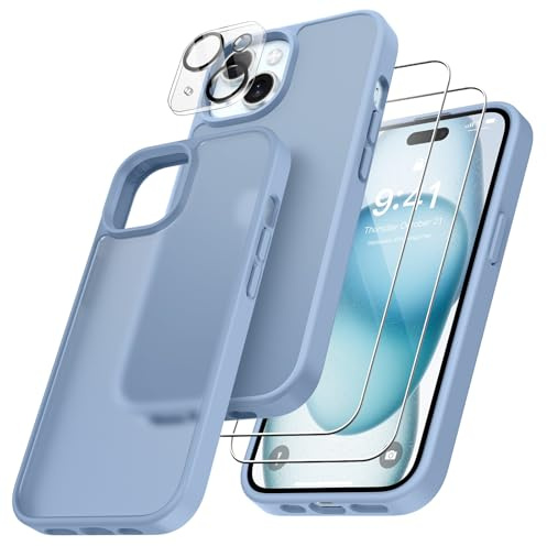 FLLAO 4 en 1 Funda para iPhone 15 con 2 Protector Pantalla y 1 Protector Lente Cámara, [Almohadilla de Aire integrada] Antigolpes Antiarañazos Carcasa 6,1 Pulgadas, Azul Claro