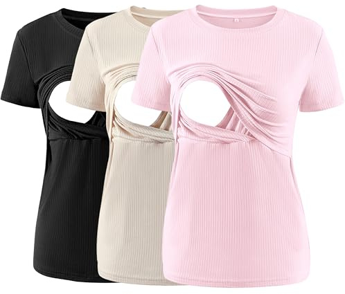 Love2Mi Lot de 3 T-shirts d'allaitement pour femmes, T-shirt de maternité à manches courtes, Design superposé pour l'allaitement, T-shirts pour femmes enceintes