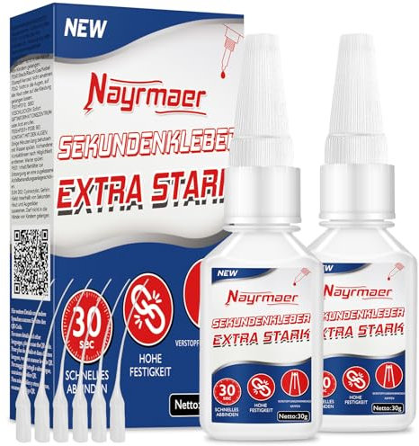 Nayrmaer Sekundenkleber 60g, Superkleber Extra Stark mit Anti-Austrocknungs, Wasserfest Alleskleber für Plastik, Kunststoff, Glas, Holz, Metall uvm.