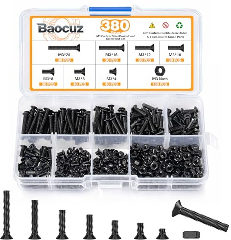 380 Pcs M3 Black Flat Head Machine Screws and Hex Nuts Kit Carbon Steel Countersunk Head Phillips Screws Bolts Assortment,M3 x 4mm/ 6mm/ 8mm/ 10mm/ 12mm/ 16mm/ 20mm