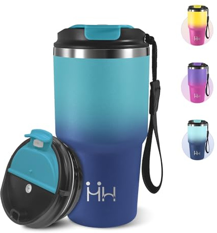 Taza de Café, 600 ml, Taza Termica, 304 Acero Inoxidable Reutilizables, Vaso Termico, Taza Termo Cafe para Llevar con Tapa, Perfecto para llevar Café y para la Oficina - Verde oscuro&azul oscuro